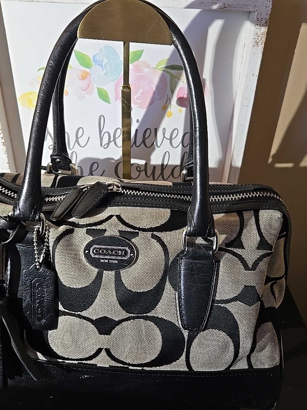 Coach Black and Gray Signature Canvas Satchel with Leather Trim